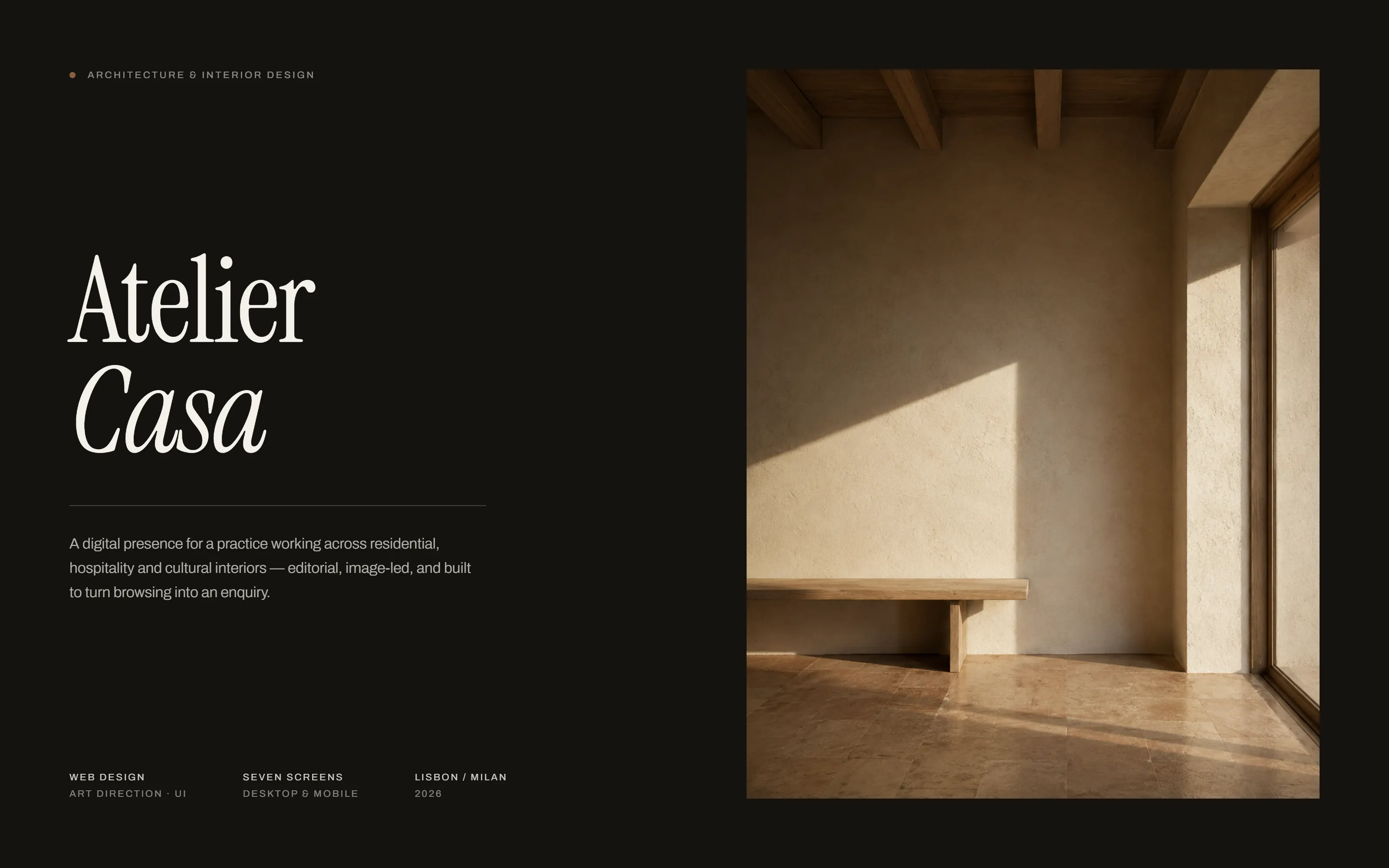 Atelier Casa cover: the studio wordmark and a one-paragraph project description on a dark ground, beside a photograph of a bench against a sunlit plaster wall