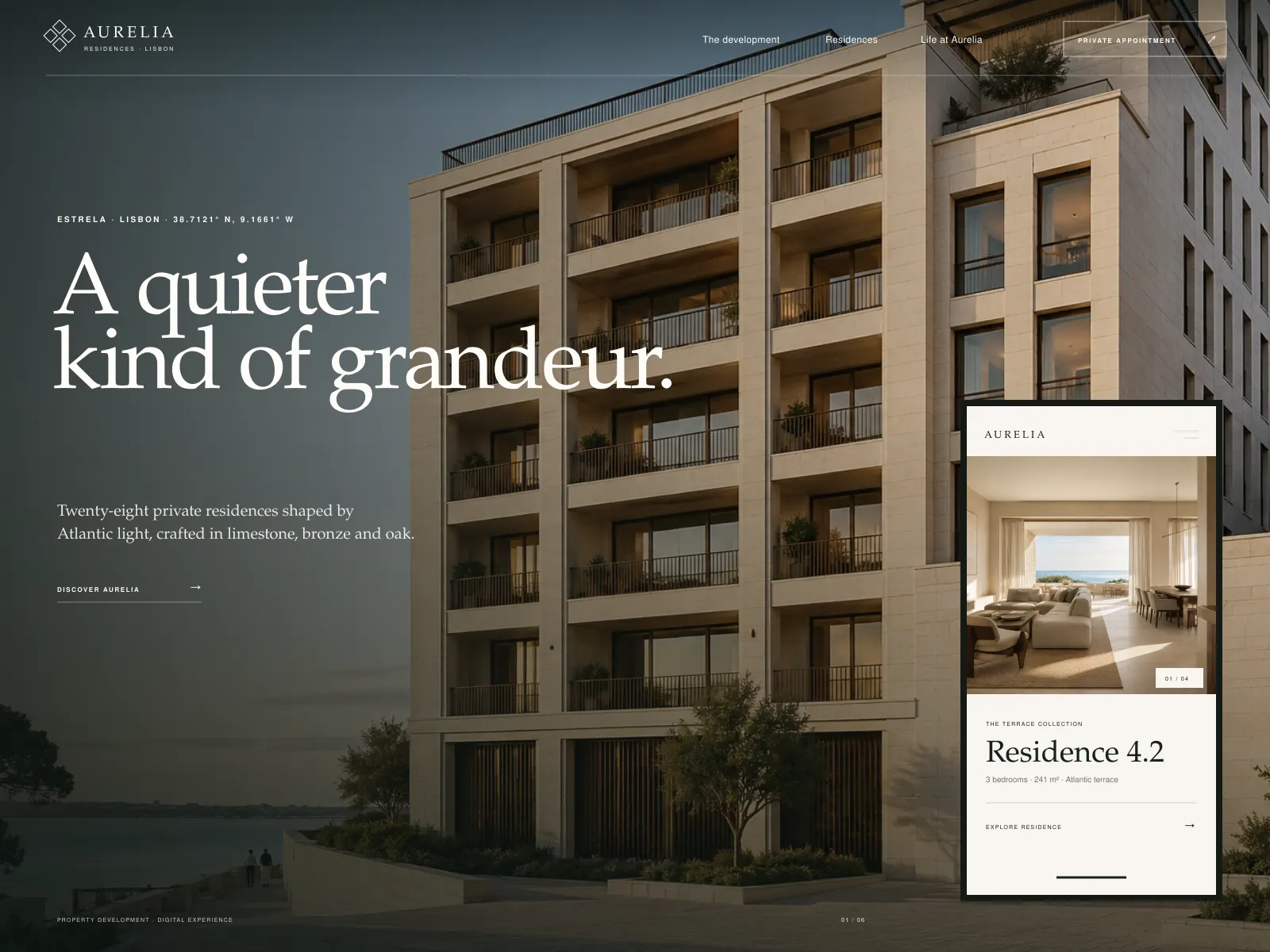 Aurelia cover: a limestone residential building at dusk under a serif claim, with a phone-sized residence card for a three-bedroom home overlaid at the lower right