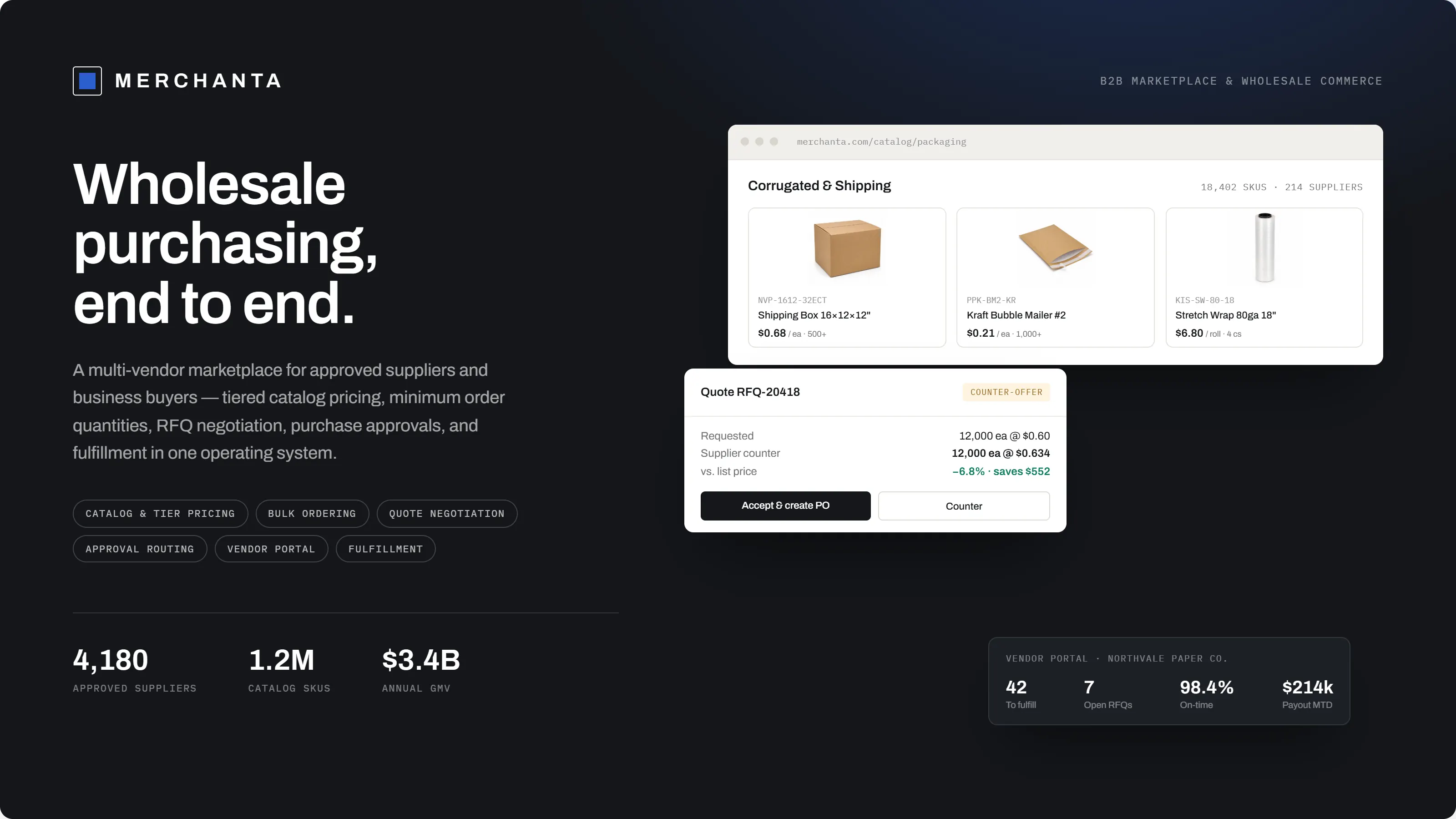 Merchanta cover composition: the marketplace positioning statement beside a catalogue panel of packaging SKUs, a counter-offer quote card and a vendor portal summary