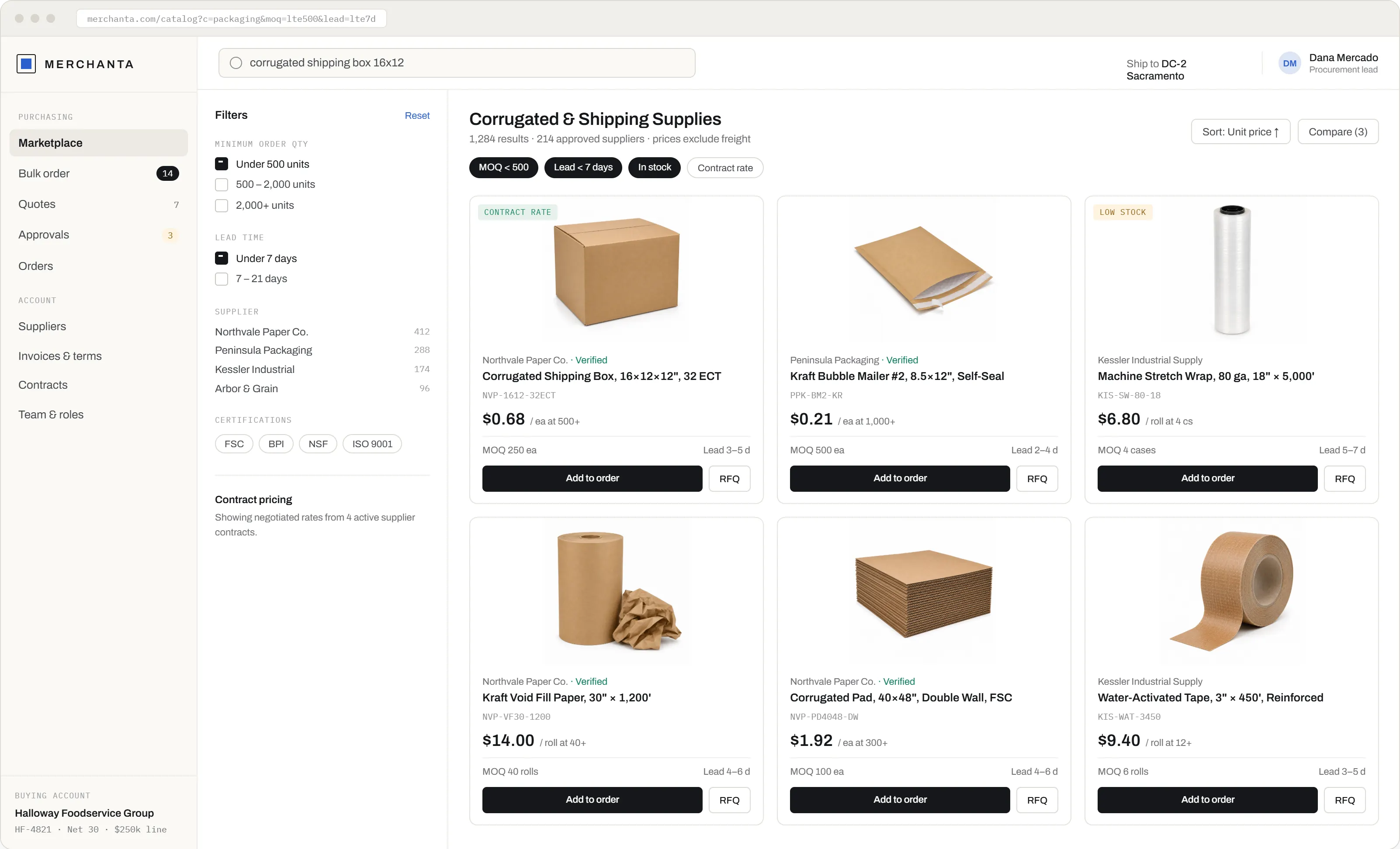 Merchanta marketplace catalogue: filtered packaging supplies with tier pricing, minimum order quantities and RFQ actions