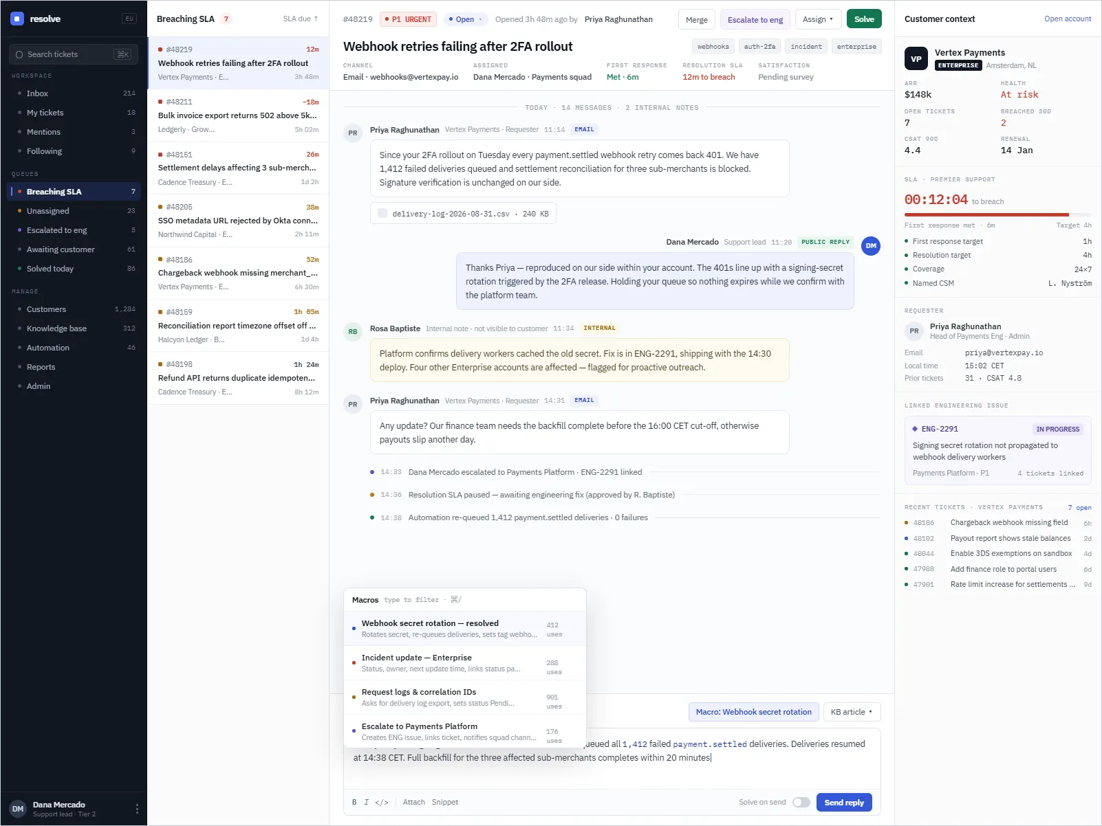 Resolve conversation view: customer messages, an internal note, an SLA panel counting down to breach, a linked engineering issue, and the macro palette open over the reply box