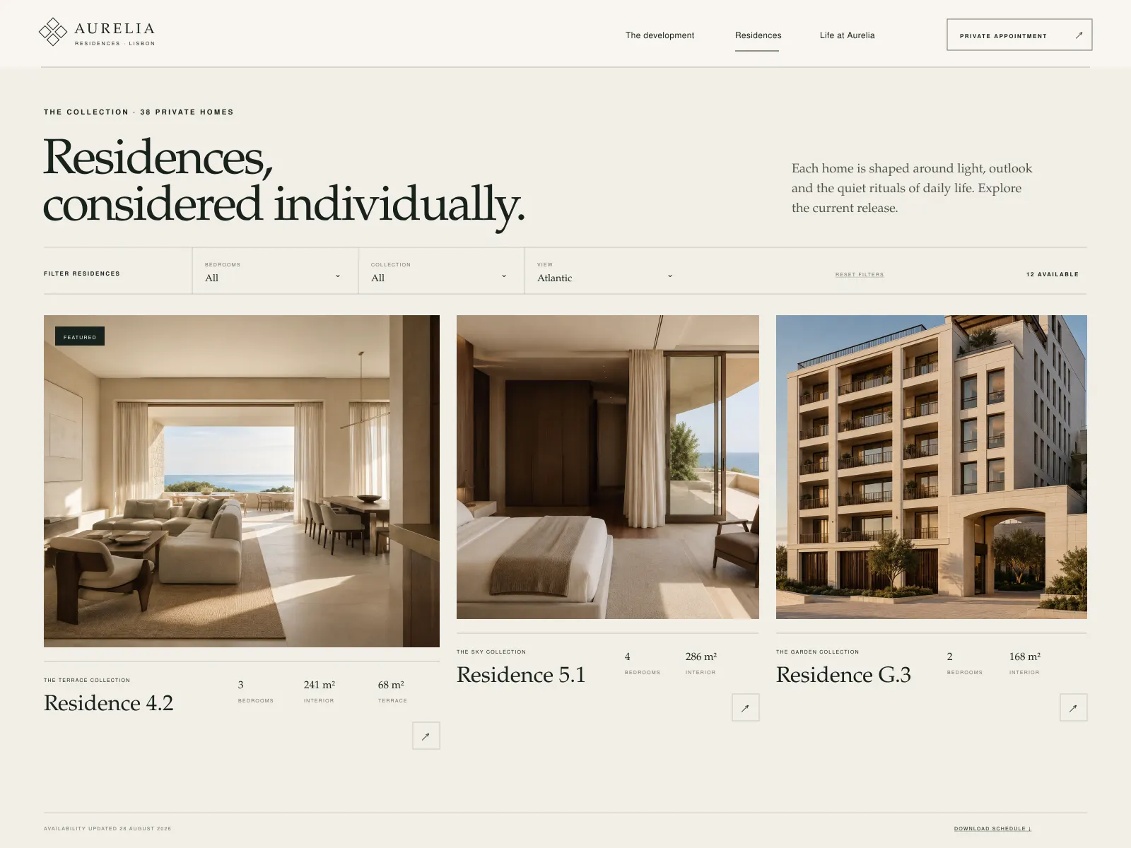 Aurelia residences index: three residences with collection, bedrooms and interior area, above a filter bar