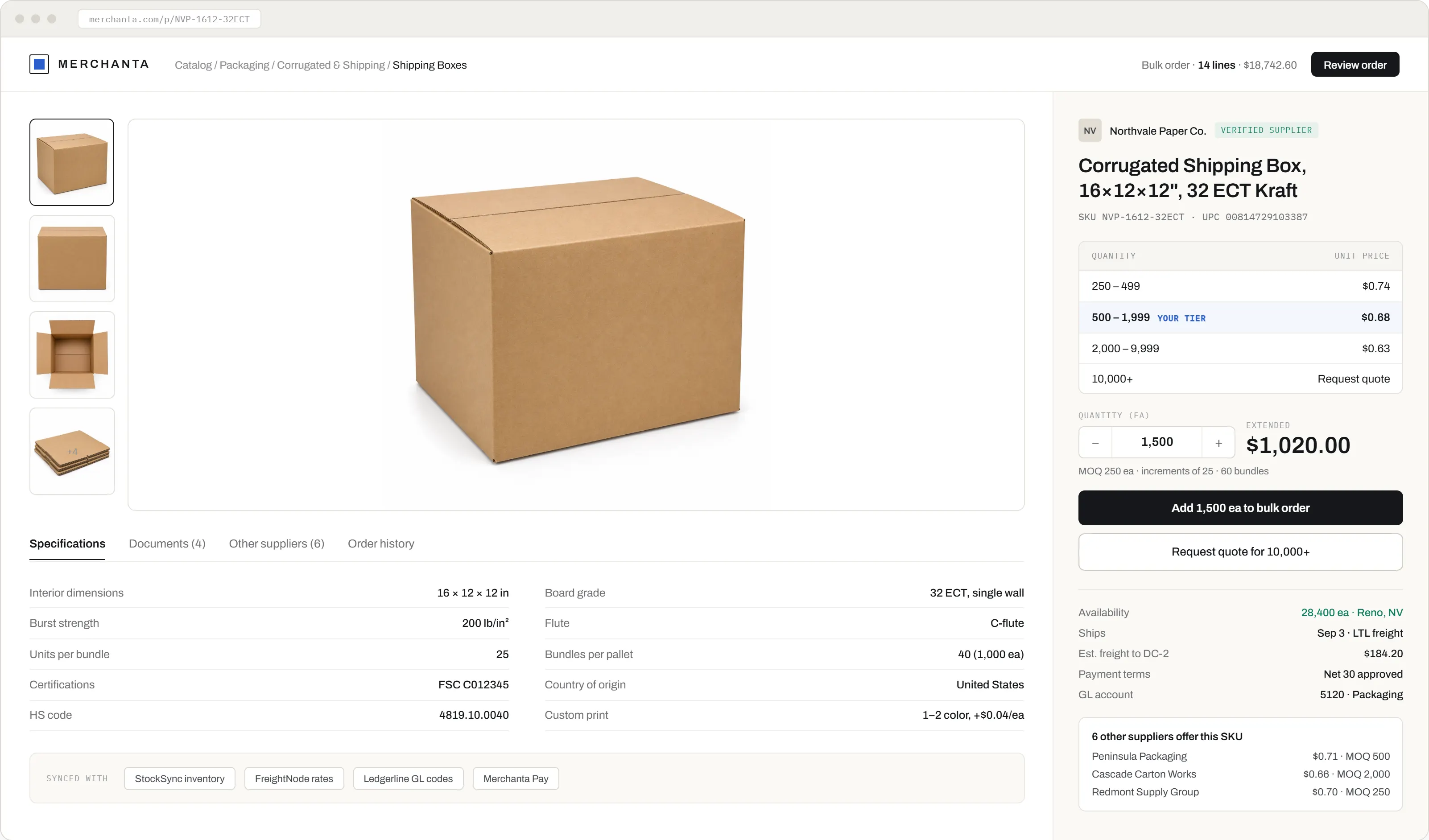 Merchanta product page: a corrugated box with a four-row quantity and unit price tier table, the buyer's own tier highlighted, a quantity stepper showing the extended total, and a panel listing six other suppliers offering the same SKU