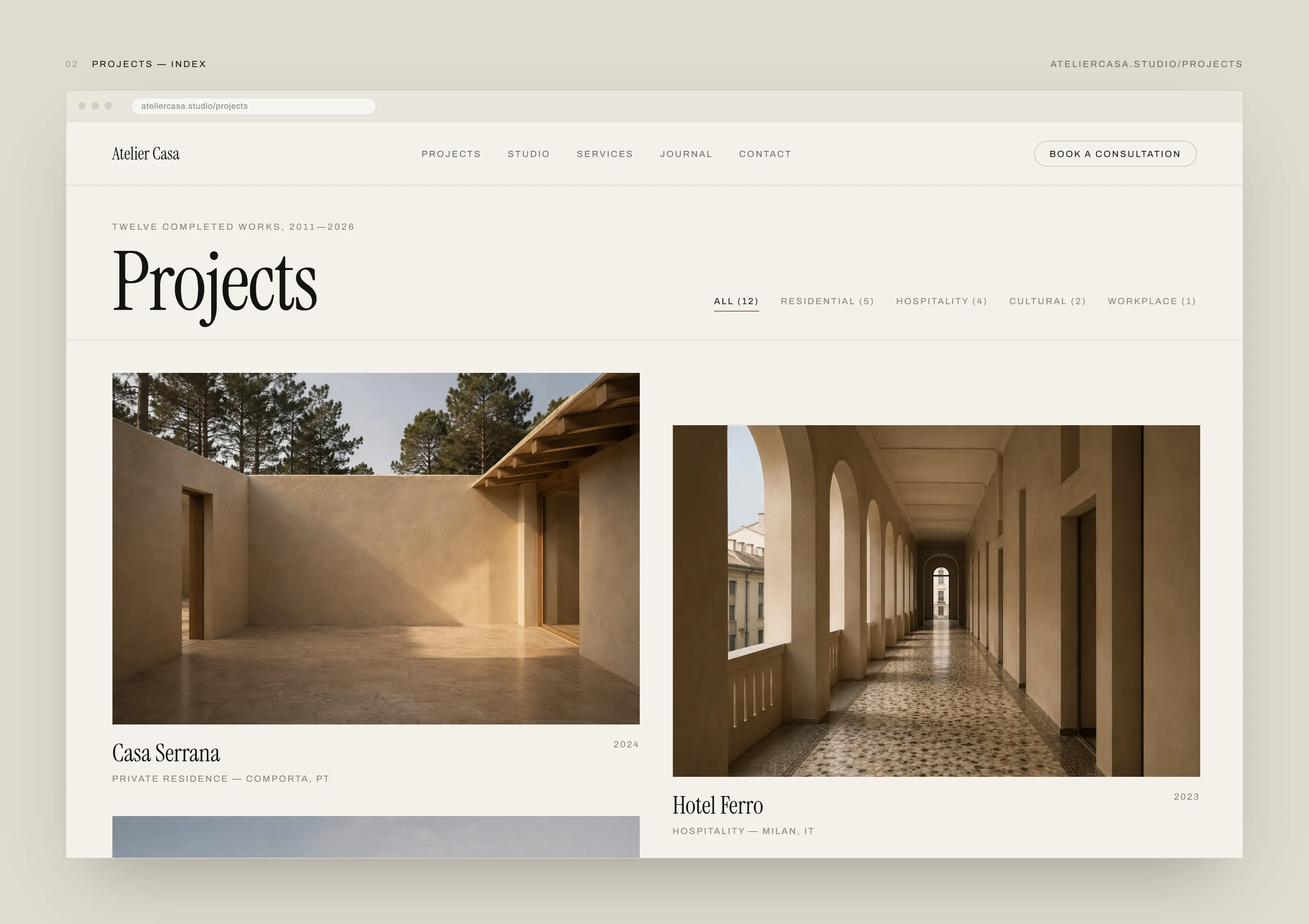 Atelier Casa projects index: a filter row for all, residential, hospitality, cultural and workplace with counts, above a two-column staggered grid of project photographs captioned with name, type, location and year
