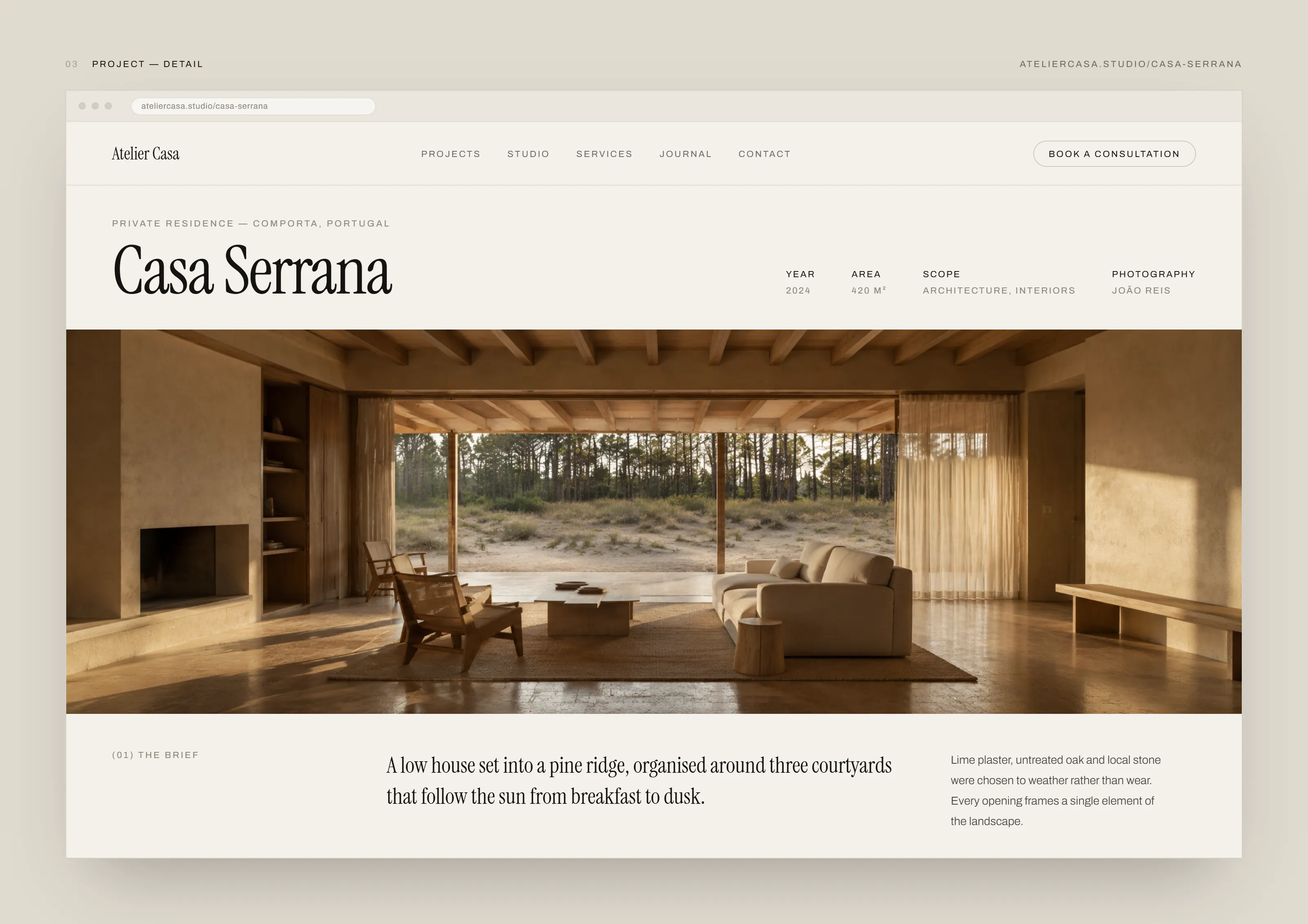 Atelier Casa project page: the project title with year, area, scope and photography credit set as a specification row, above a full-width interior photograph and a three-column brief
