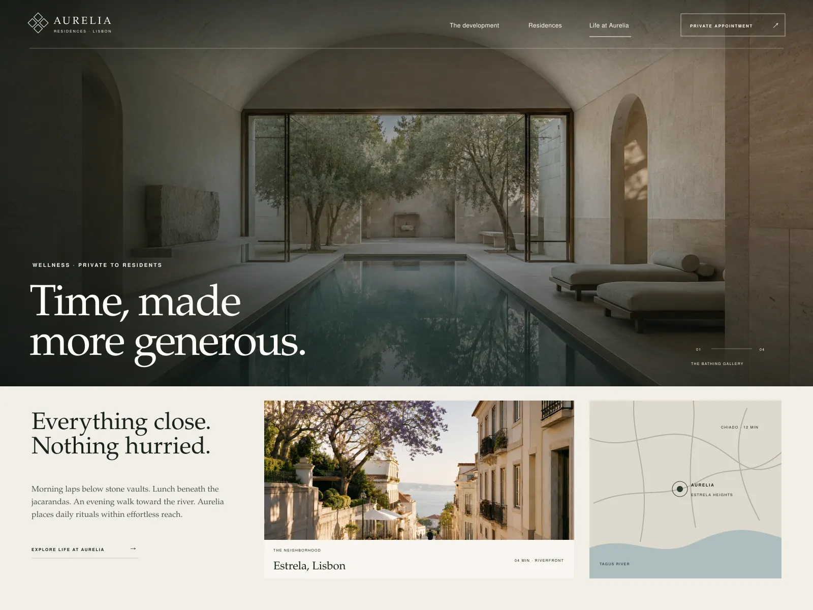 Aurelia life page: a vaulted indoor pool photograph under a serif heading, above a neighbourhood section pairing a street photograph of Estrela with a simplified map locating the building relative to the river