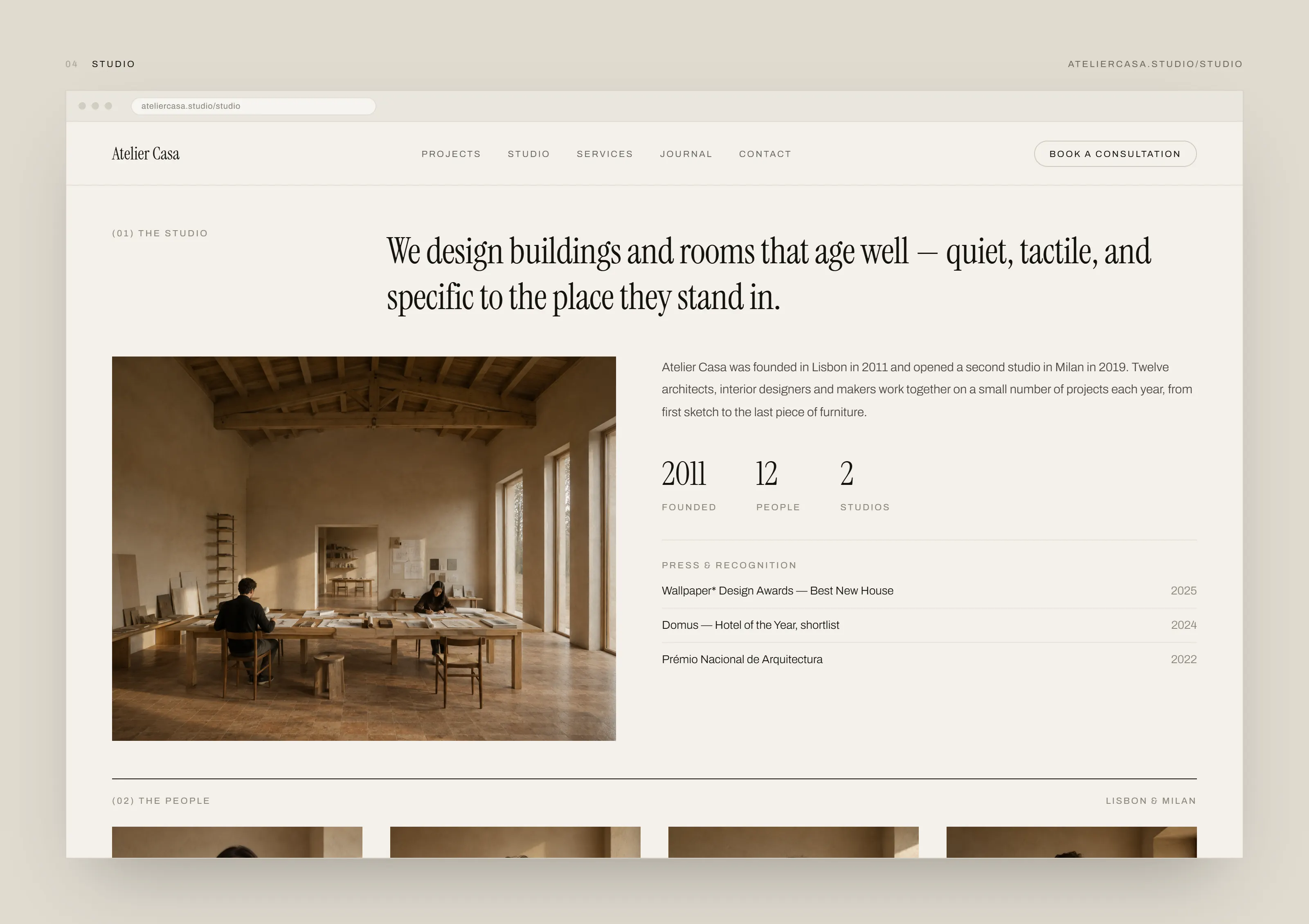 Atelier Casa studio page: a serif statement above a photograph of two people working at a long table, beside a paragraph about the practice, three serif figures for founding year, headcount and number of studios, and a dated press list