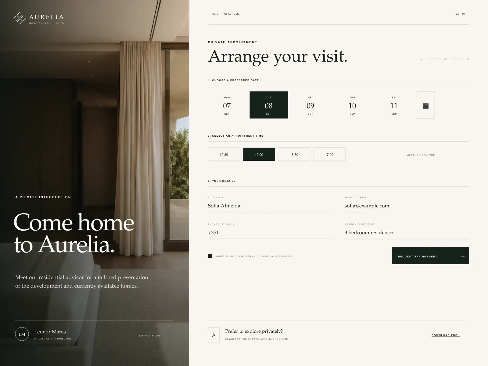 Aurelia private appointment screen: a numbered three-step request with a week of selectable dates, four appointment times, and a details form for name, email, phone and residence interest, beside an editorial panel introducing the client director