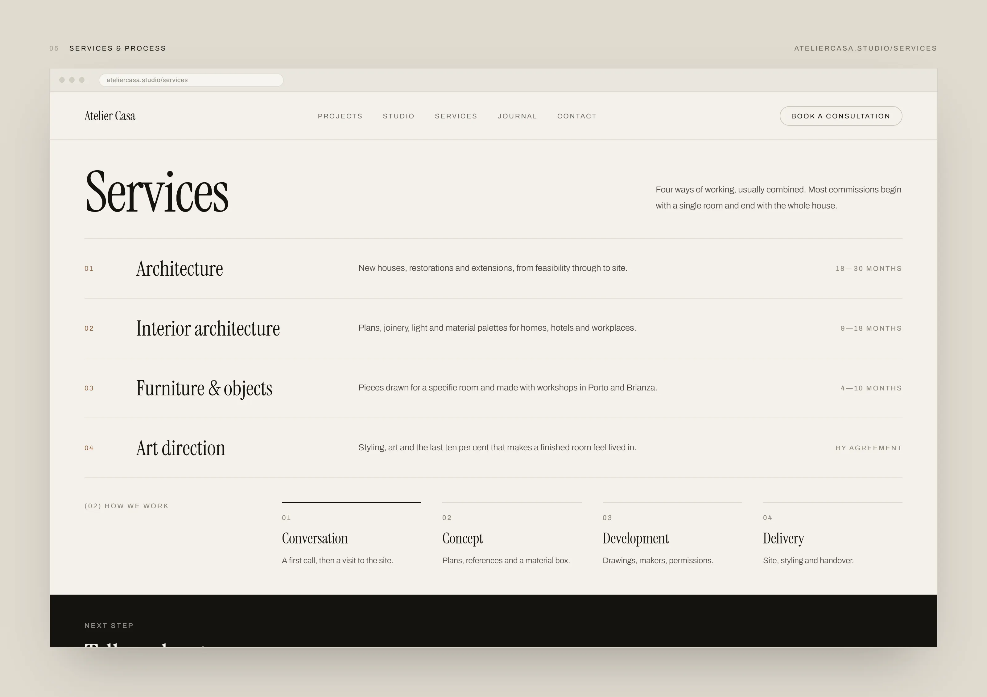 Atelier Casa services page: four numbered services in a ruled list, each with a one-line description and a typical duration on the right, above a four-step how-we-work row