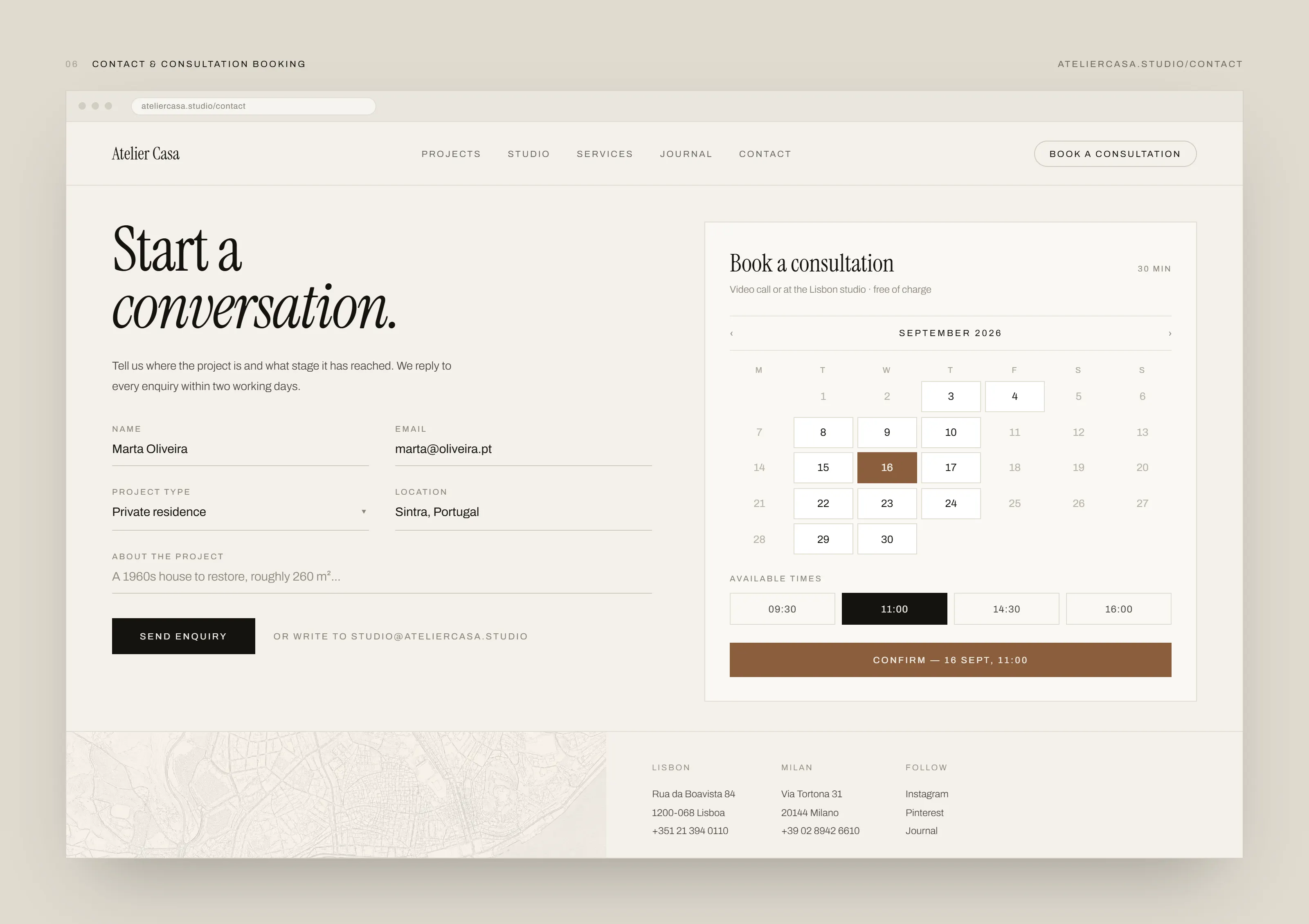 Atelier Casa contact page: an enquiry form for name, email, project type, location and project description on the left, beside a consultation booking panel with a September calendar, four available times and a confirm action