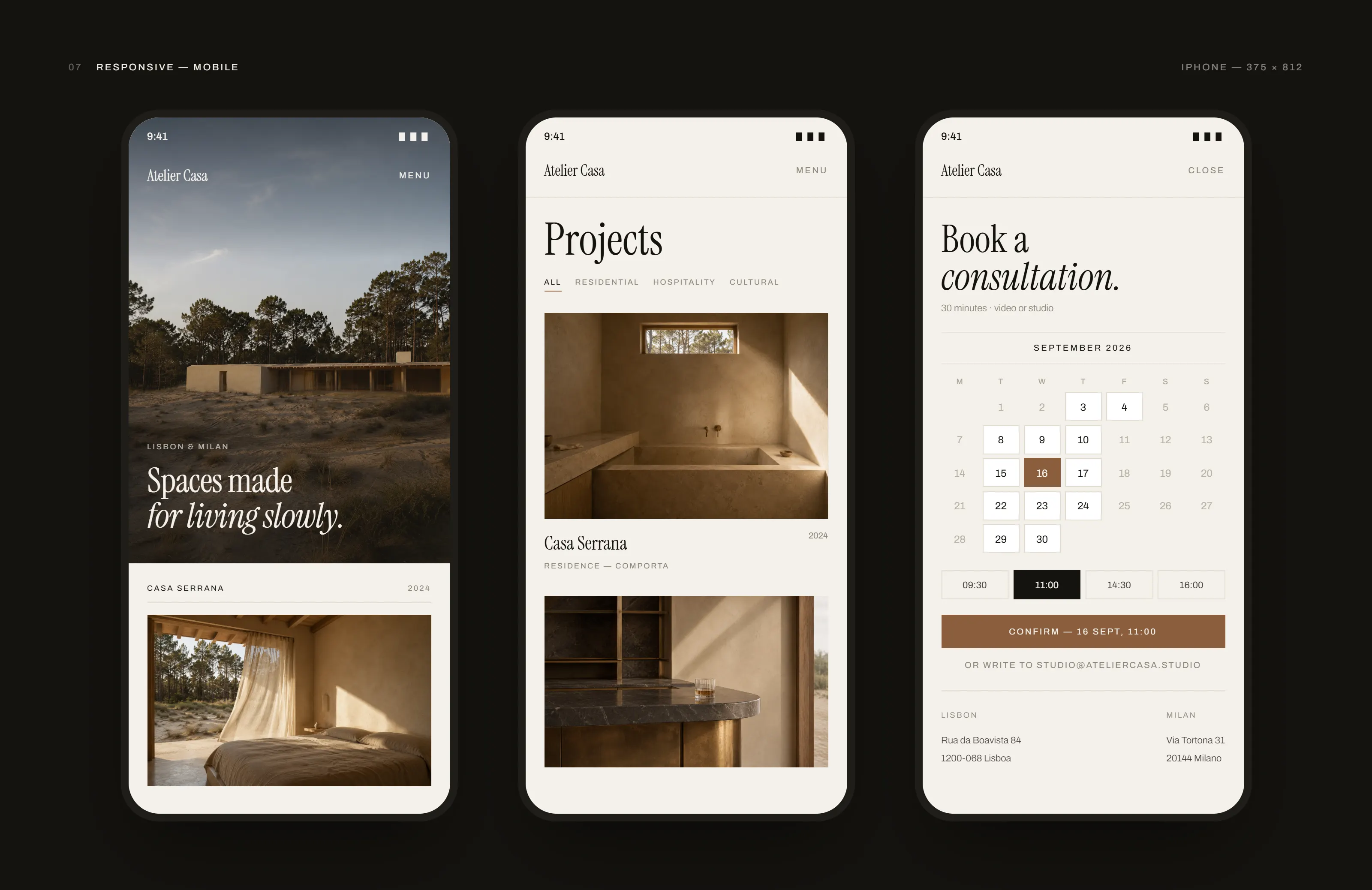 Atelier Casa mobile views: three phone screens showing the homepage with a collapsed menu control, the single-column projects index with its filter row, and the consultation booking calendar with available times